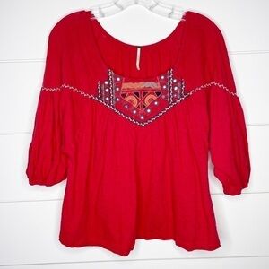 FREE People Red Embroidered 3/4 Sleeve Top Size Small